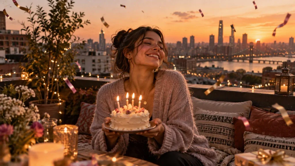 Funny birthday quotes for myself beside a decorated birthday cake and colorful candles.