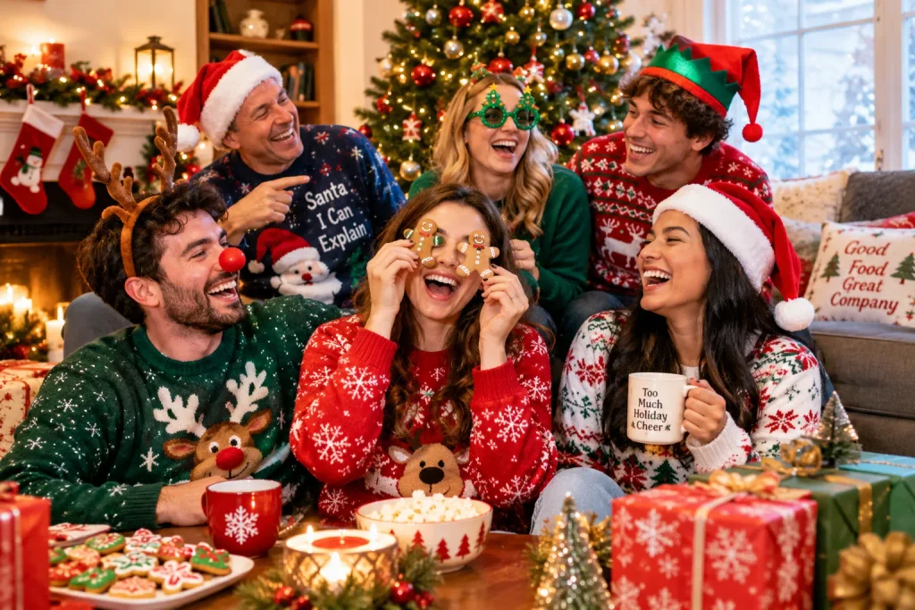 Funny happy holidays wishes shared with friends during a cheerful festive celebration