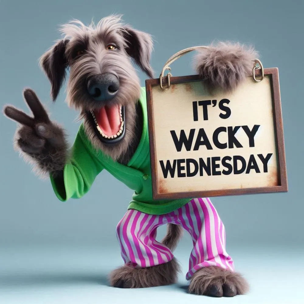 Funny midweek Wednesday Blessings for Friends featuring a happy dog and a humorous greeting
