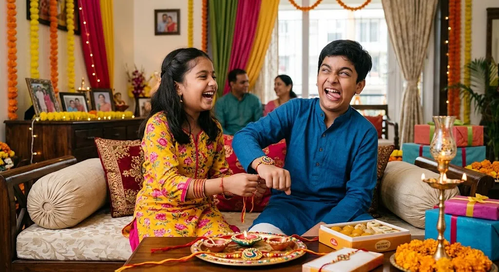 Funny happy Raksha Bandhan Rakhi wishes featuring laughing siblings celebrating with a rakhi, sweets, gifts, and festive decorations