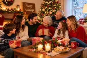Happy holidays wishes shared with family and friends during a warm festive celebration