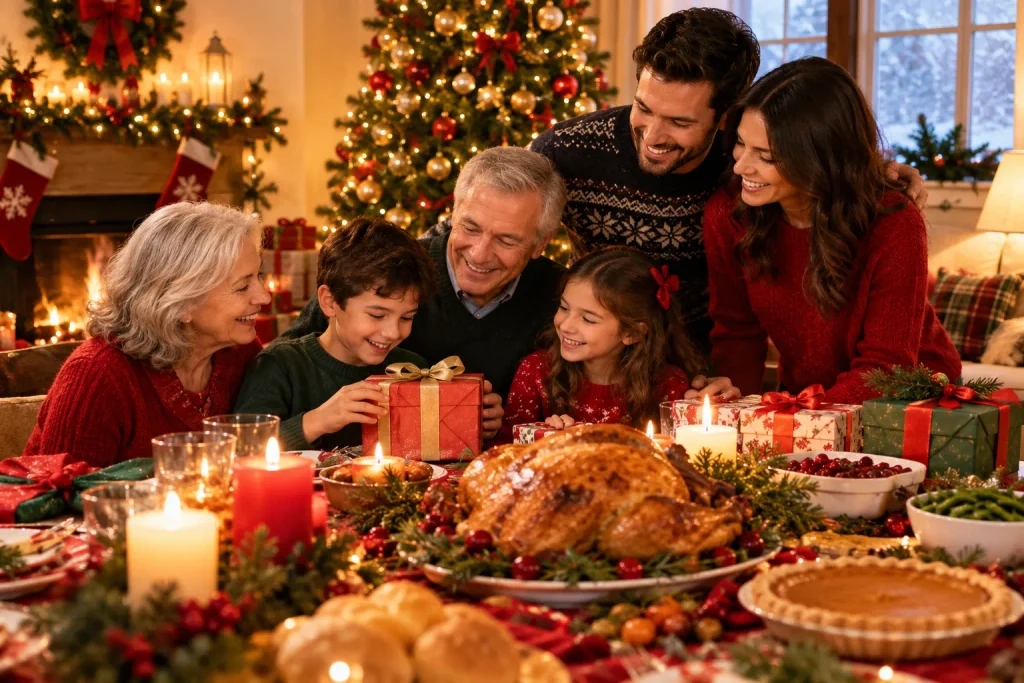 Happy holidays wishes for family celebrating together around a festive holiday table