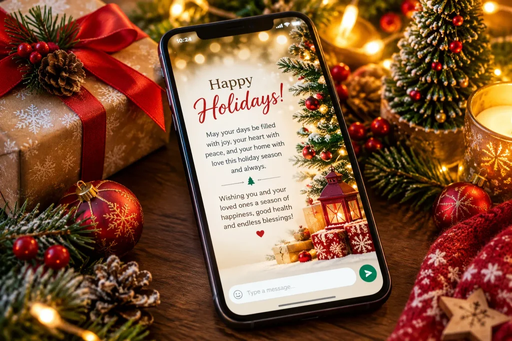 Happy holidays wishes displayed on a smartphone for WhatsApp and social media sharing