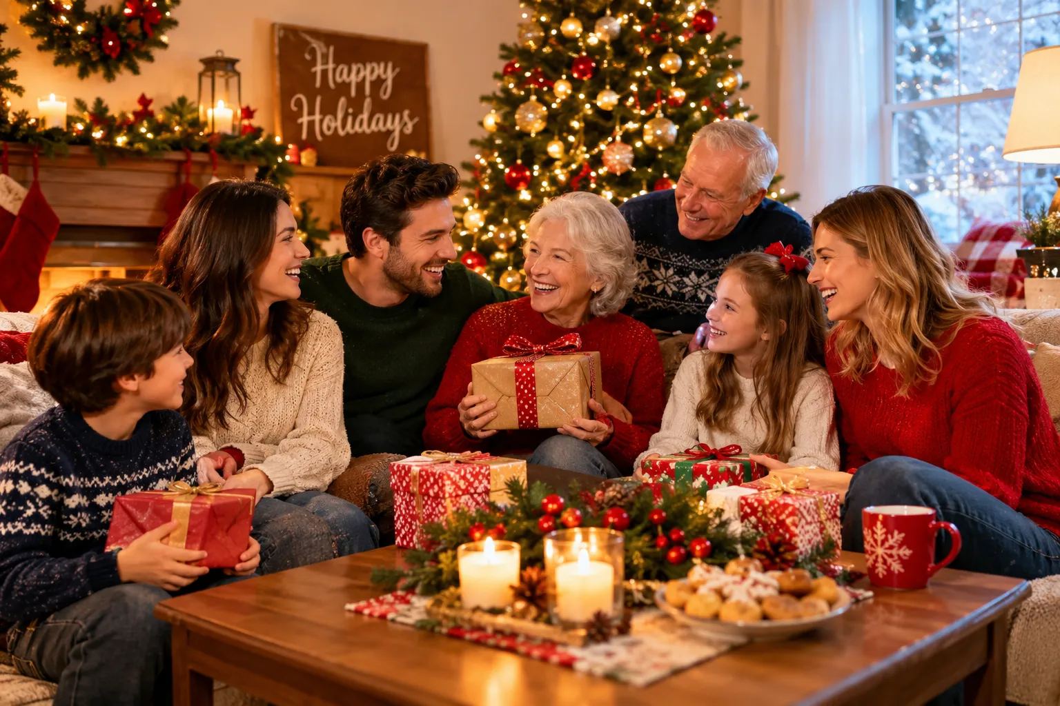 Happy holidays wishes shared with family and friends during a warm festive celebration