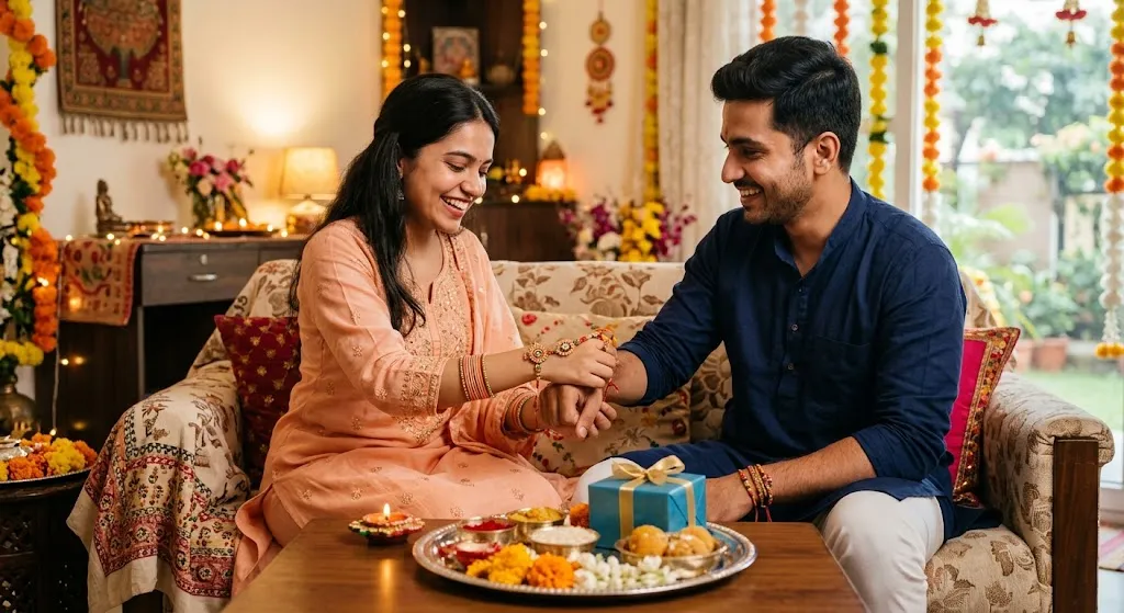 Happy Raksha Bandhan Rakhi wishes featuring a brother and sister celebrating with a traditional rakhi, gifts, sweets, and warm festive décor