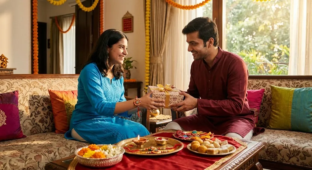 Heart-touching happy Raksha Bandhan Rakhi wishes for sister with a brother giving her a gift during a warm family celebration