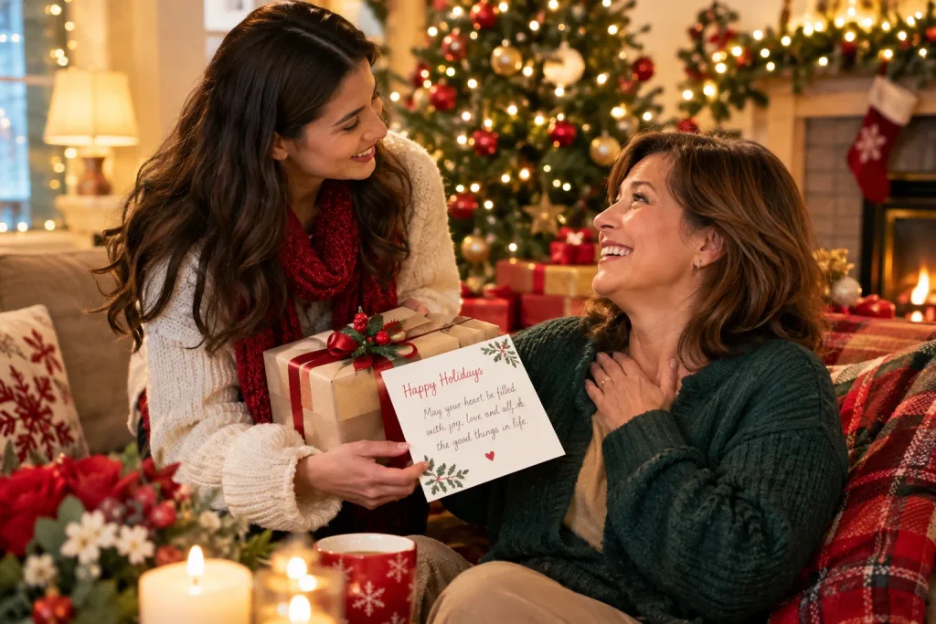 Heartfelt happy holidays wishes shared with a loved one during a warm festive celebration