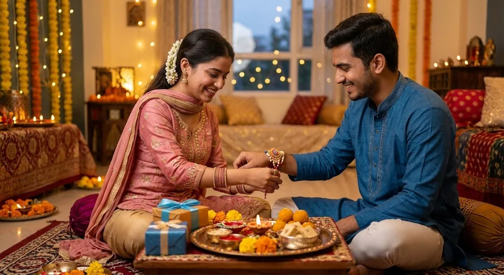 Heartfelt happy Raksha Bandhan Rakhi wishes with a brother and sister celebrating together with rakhi, sweets, flowers, and gifts