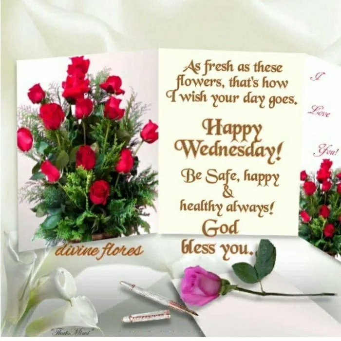 Heartfelt Wednesday Blessings for Friends with fresh flowers, coffee, and a heartfelt blessing message.