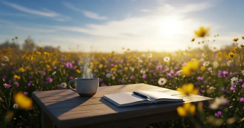 Joyful New Month Blessings for a Fresh Start with a peaceful sunrise, coffee, and flowers
