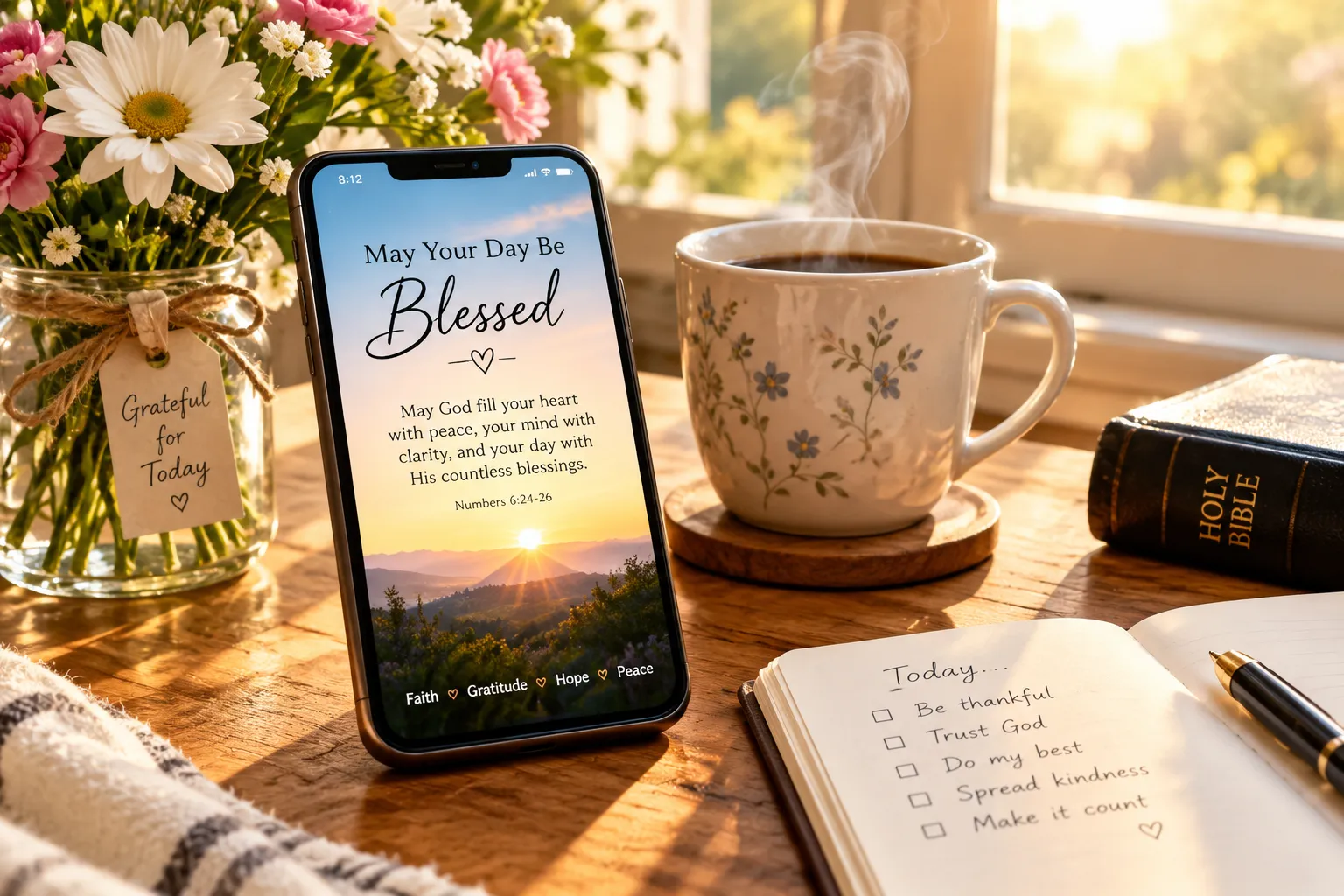 May your day be blessed messages with coffee, flowers, Bible, and warm morning sunlight