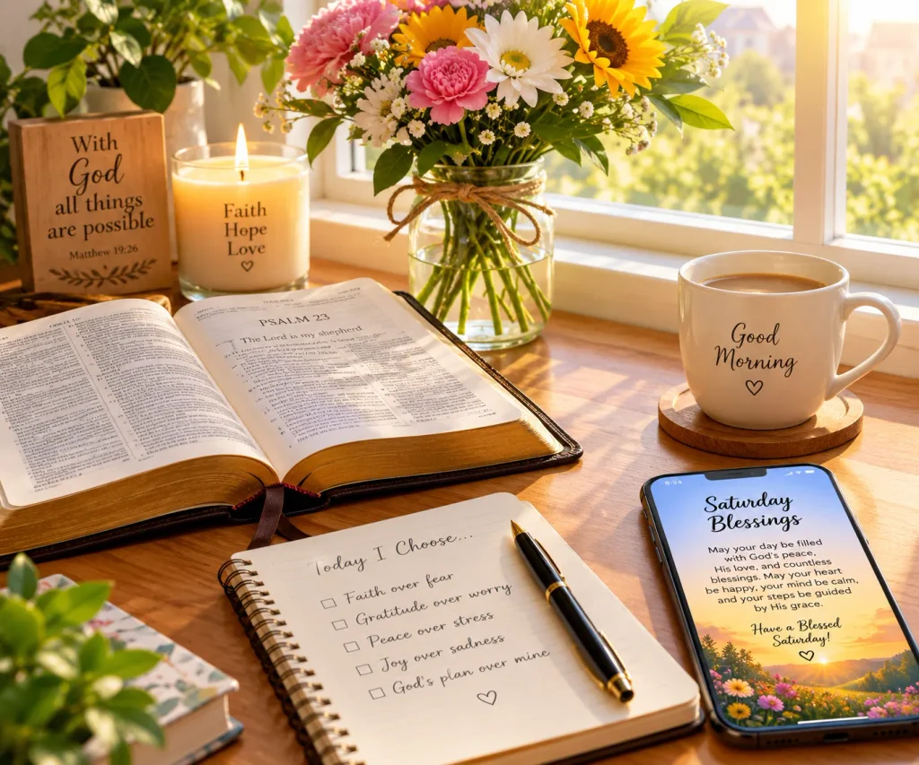 May your day be blessed prayer beside an open Bible and candle