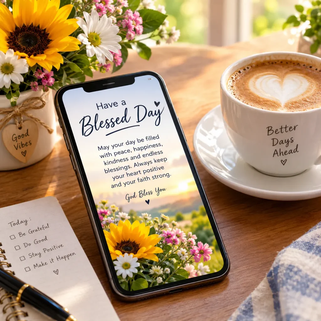 May your day be blessed WhatsApp message on a smartphone