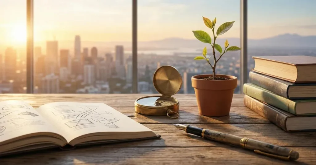 New Month Blessings for Success and Prosperity with a planner, green plant, and inspiring workspace