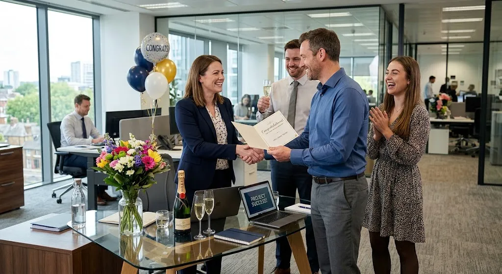 Professional corporate congratulations messages shared among colleagues after a workplace achievement.