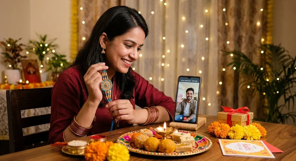 Happy Raksha Bandhan Rakhi wishes for siblings living far away with a video call, rakhi, sweets, flowers, and a gift box
