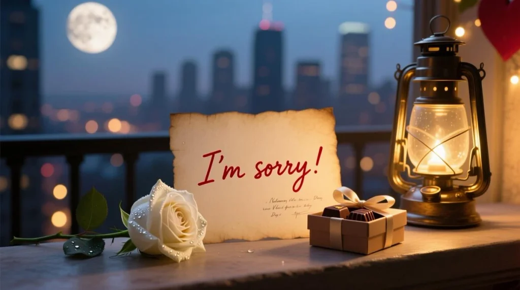 Red rose and romantic apology note beside candlelight after a relationship argument