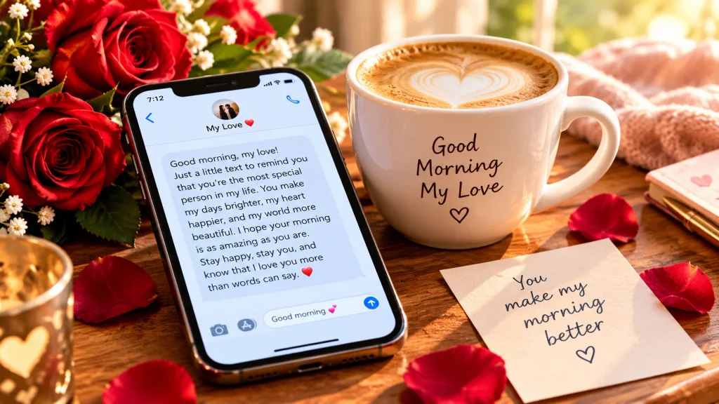 Romantic good morning love messages for girlfriend displayed on a smartphone beside coffee and rose petals.