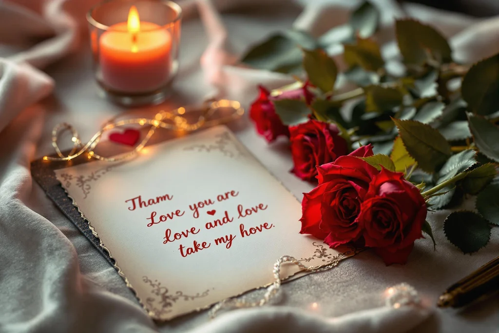 Romantic Sunday blessings for husband with a red rose, heart decoration, and loving note.