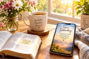 Saturday blessing with beautiful wishes and prayers beside coffee and flowers