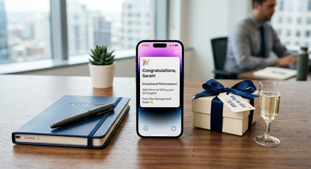 A modern smartphone displaying a short corporate congratulations message beside a professional notebook, pen, and small celebration gift.