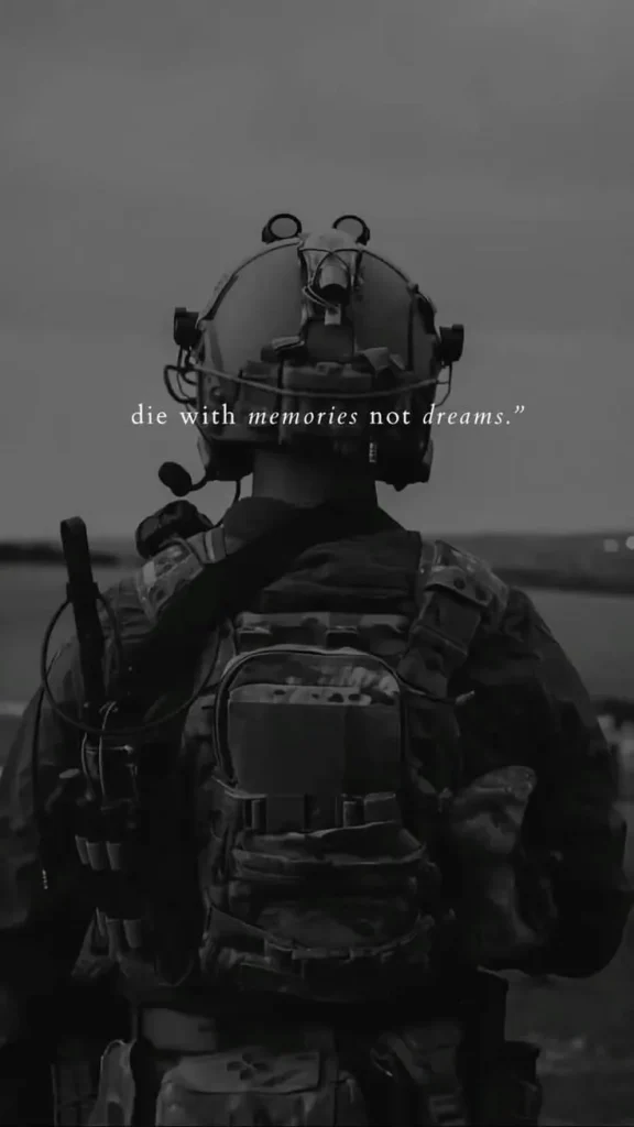 Short inspirational army quotes displayed on a smartphone beside a soldier