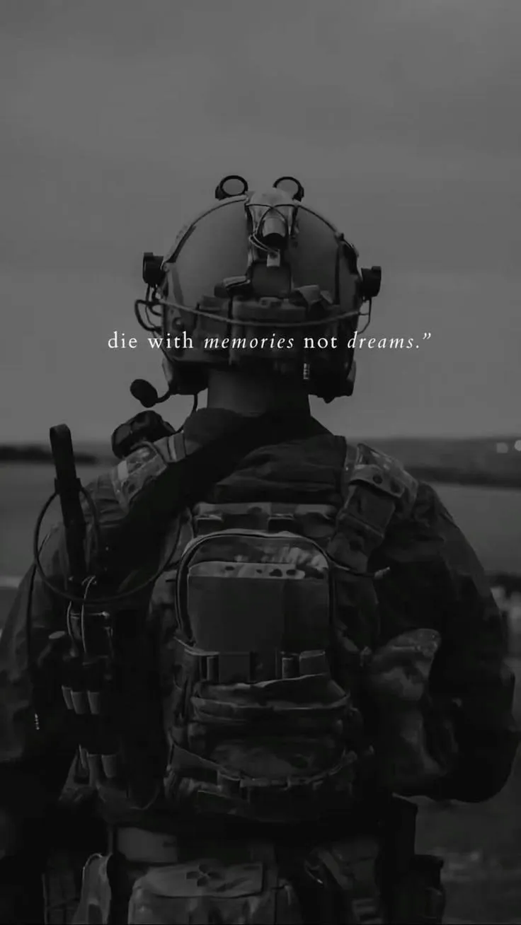 Inspirational army quotes featuring a determined soldier standing at sunrise