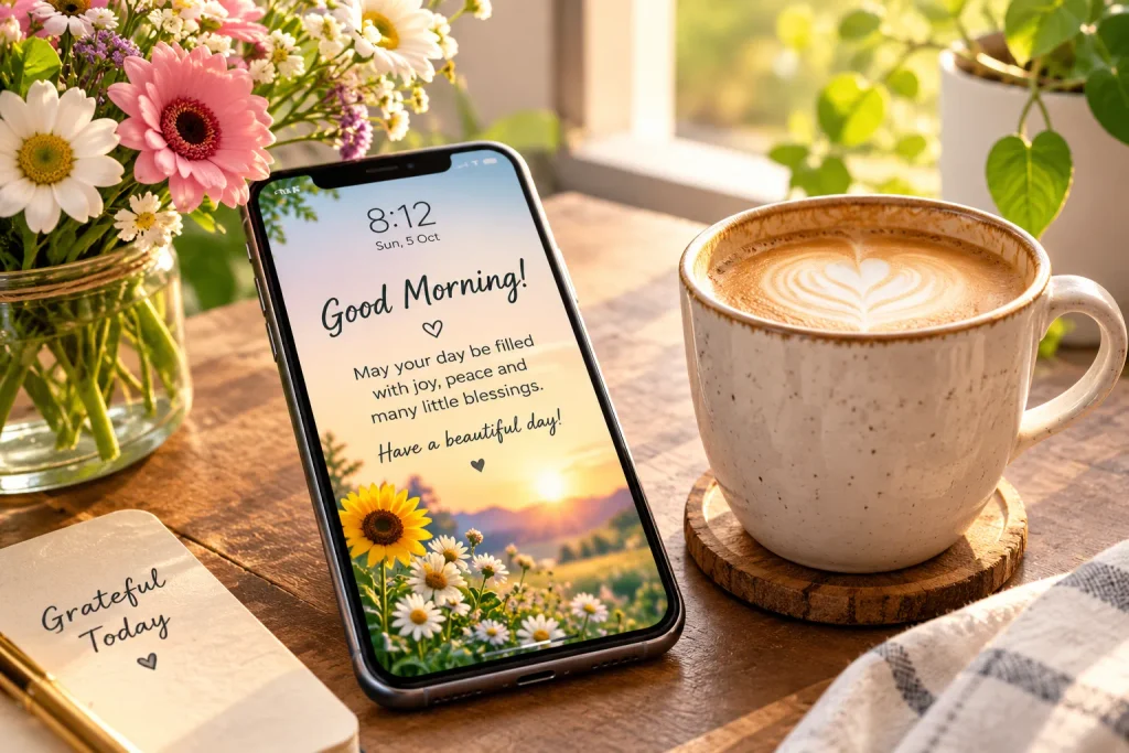 Short smile heart touching good morning quotes on a smartphone