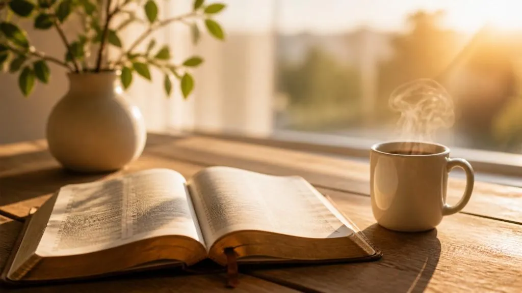 Short Sunday blessings for husband with coffee, Bible, and a heartfelt love note.