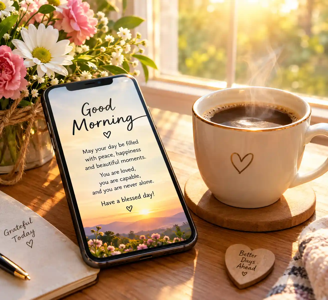 Smile heart touching good morning quotes on a smartphone beside coffee and flowers