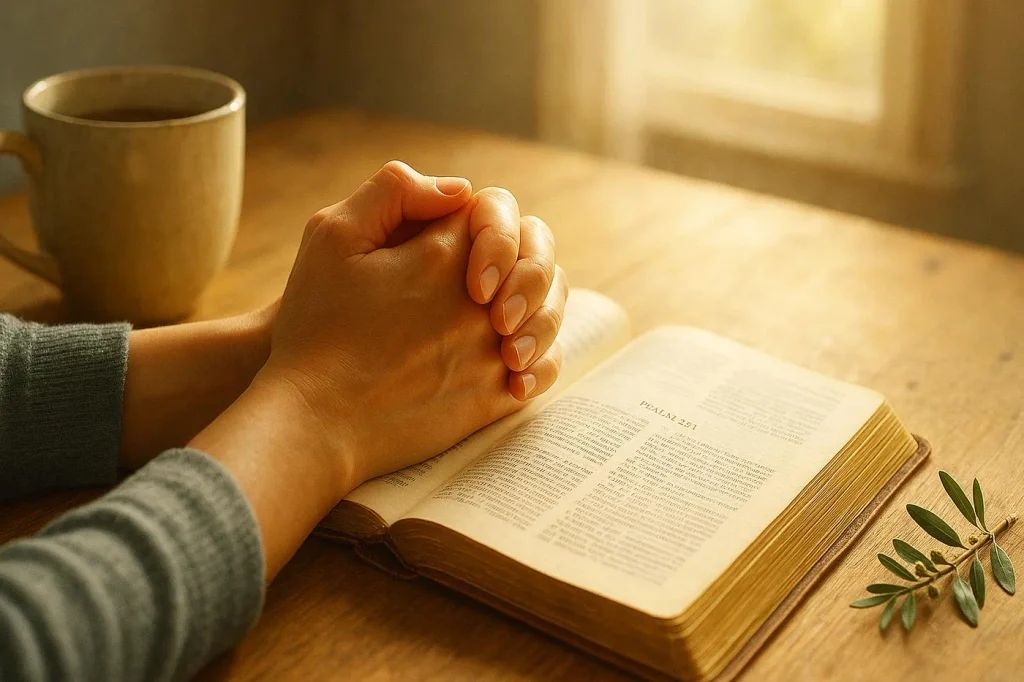 Sunday prayers for husband's strength with praying hands and an open Bible.