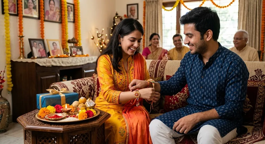Happy Raksha Bandhan Rakhi wishes showing a sister tying a beautiful rakhi on her brother’s wrist with sweets and gifts