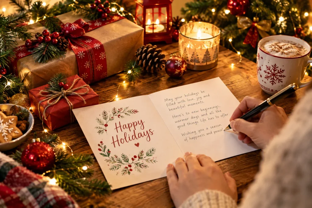Unique happy holidays wishes written in a thoughtful greeting card beside festive decorations