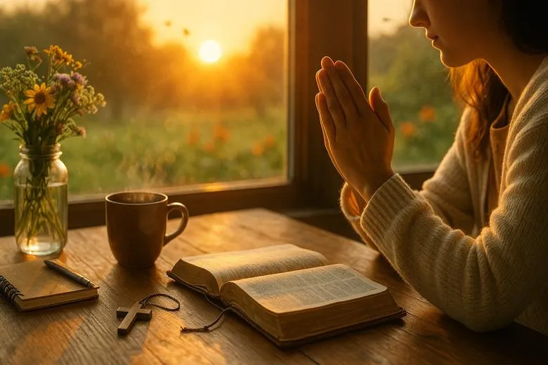 Wednesday morning blessings for friends with coffee, sunflowers, an open Bible, and warm sunrise light.